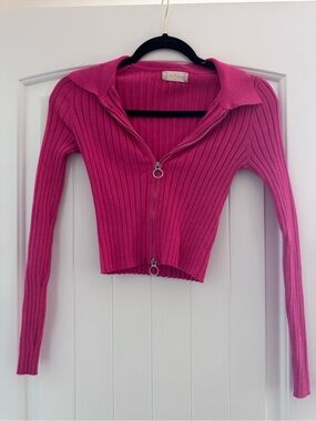 Altar'd State Cropped Ribbed Zip Cardigan in Hot Pink